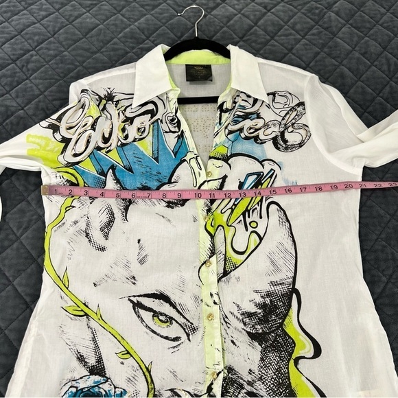 Ecko Red Top Women Large Y2K Shirt Rhino Graffiti Artsy Vintage Button Up Tunic - Picture 12 of 12